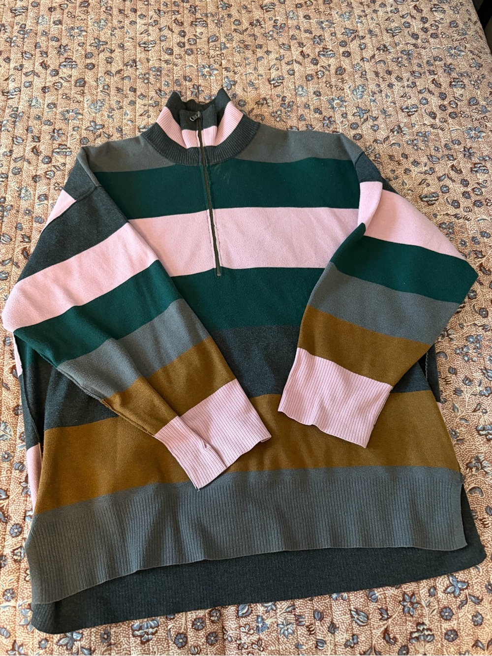 Free People XS oversized pink, green,brown and grey striped quarter zip sweater